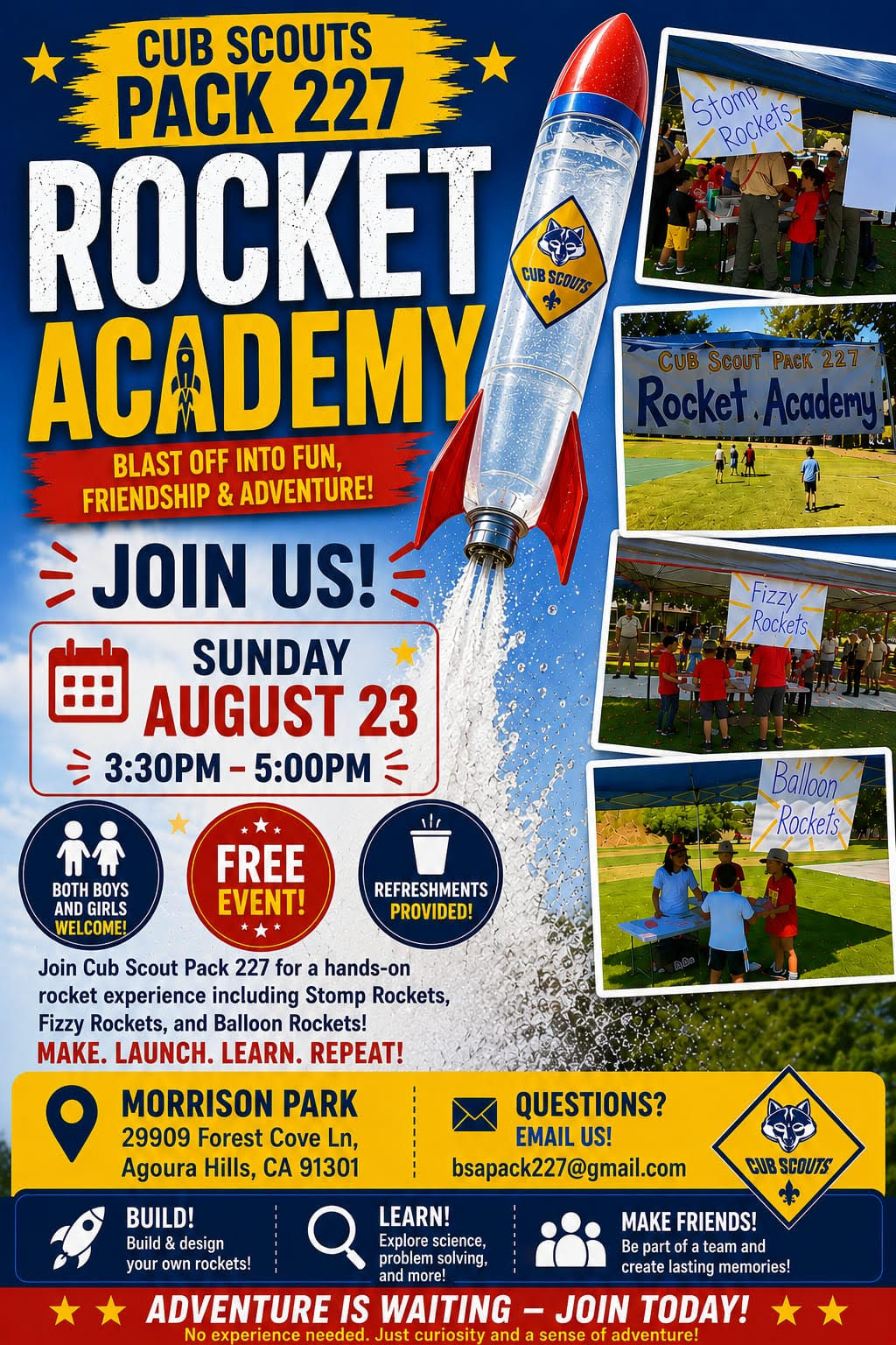 Rocket Academy – Sunday, August 23, 2026 · 3:30–5:00 PM · Morrison Park · Free event, boys & girls welcome, refreshments provided